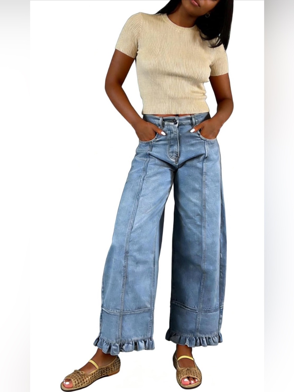 NWT & NIB-Barrel patchwork Ruffle Hem Denim - Picture 3 of 4
